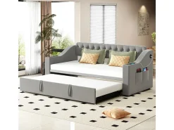 Sofá-cama 90/180x190cm - cama nido - com USB/Tipo C + bolsos laterais + prateleira integrada - veludo - Cinza