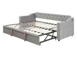 Sofá-cama 90/180x190cm - cama nido - com USB/Tipo C + bolsos laterais + prateleira integrada - veludo - Cinza
