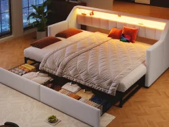 Sofá-cama 90x200cm - com USB + Type-C - com iluminação LED - com 2 gavetas - bege (sem colchão)