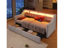 Sofá-cama 90x200cm - com USB + Type-C - com iluminação LED - com 2 gavetas - bege (sem colchão)
