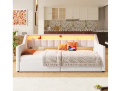 Sofá-cama 90x200cm - com USB + Type-C - com iluminação LED - com 2 gavetas - bege (sem colchão)