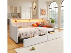 Sofá-cama 90x200cm - com USB + Type-C - com iluminação LED - com 2 gavetas - bege (sem colchão)