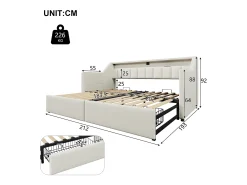 Sofá-cama 90x200cm - com USB + Type-C - com iluminação LED - com 2 gavetas - bege (sem colchão)