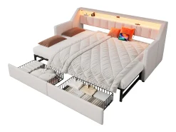Sofá-cama 90x200cm - com USB + Type-C - com iluminação LED - com 2 gavetas - bege (sem colchão)
