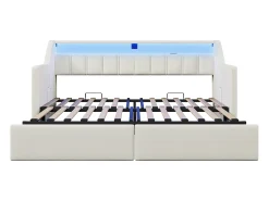 Sofá-cama 90x200cm - com USB + Type-C - com iluminação LED - com 2 gavetas - bege (sem colchão)