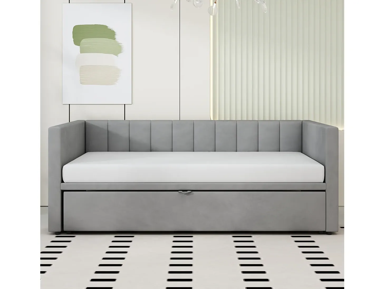 Sofá-cama 2x90x200cm - Com estrado de ripas - Veludo cinzento