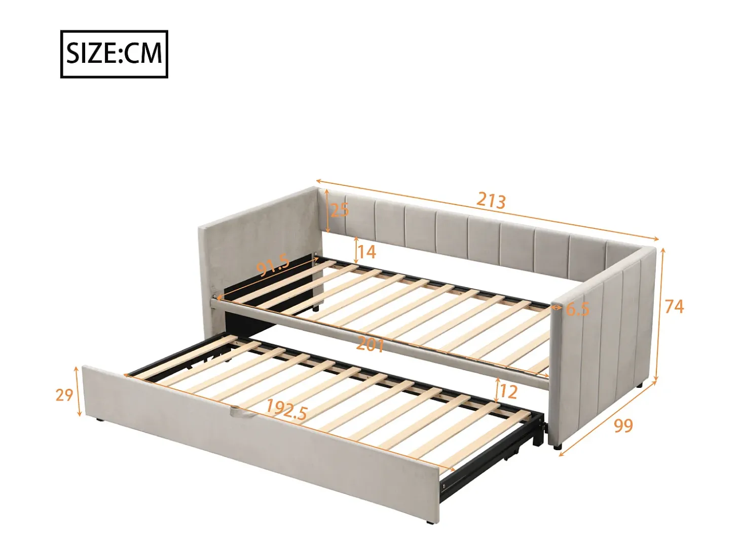 Sofá-cama 2x90x200cm - Com estrado de ripas - Veludo cinzento