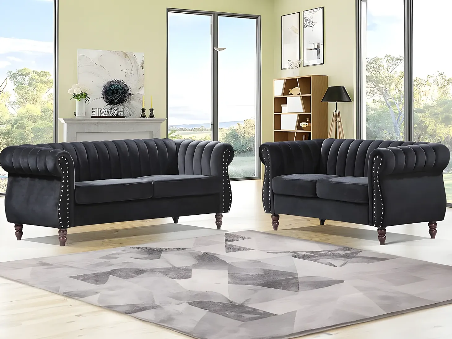 Sofás Chesterfield de 3 lugares e de 2 lugares em veludo preto TRUMBO