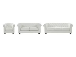 Sofás de 3, 2 lugares e poltrona em pele sintética branco CHESTERFIELD