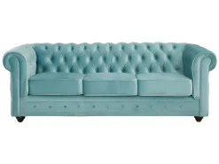 Sofás de 3 lugares, 2 lugares e poltrona em veludo azul pastel CHESTERFIELD