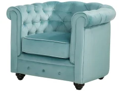 Sofás de 3 lugares, 2 lugares e poltrona em veludo azul pastel CHESTERFIELD