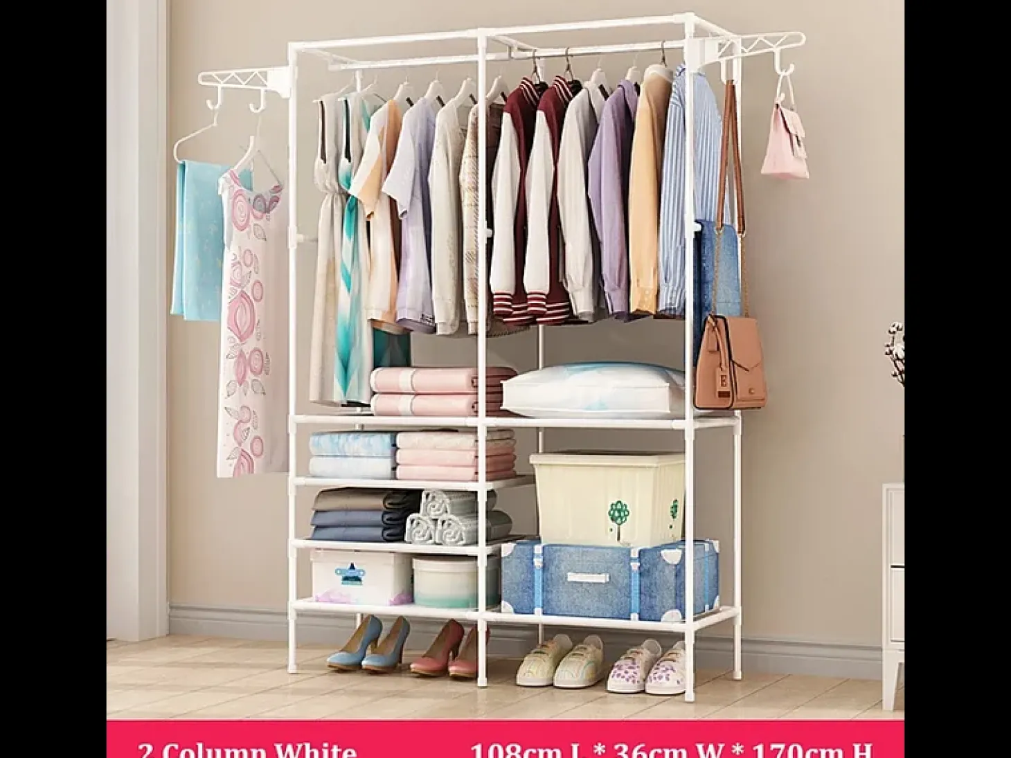 Suporte moderno de casaco de haste dupla com ganchos, vestindo roupas de guarda -roupa, vestiário 108x36x170cm - branco