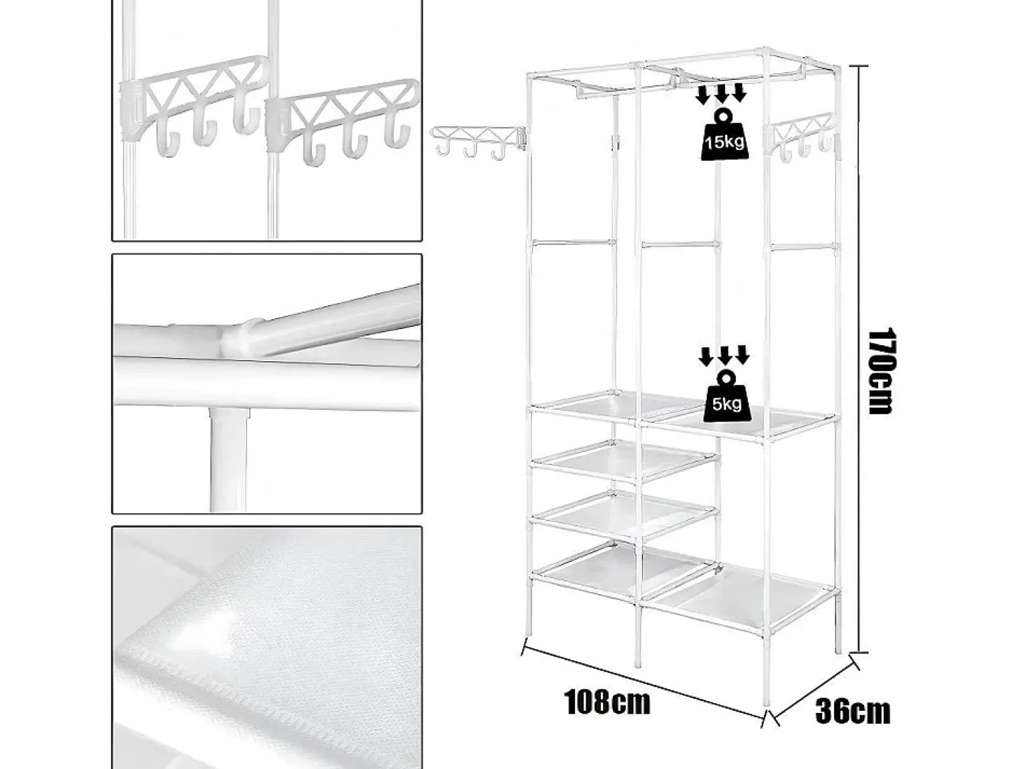 Suporte moderno de casaco de haste dupla com ganchos, vestindo roupas de guarda -roupa, vestiário 108x36x170cm - branco
