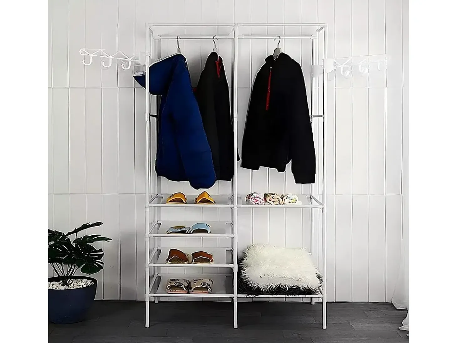 Suporte moderno de casaco de haste dupla com ganchos, vestindo roupas de guarda -roupa, vestiário 108x36x170cm - branco