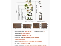 Suporte para Plantas Interior SucceBuy com Lâmpada de Cultivo, Prateleira para Plantas 9 Níveis Metal, 160 cm, 3 Definições de Temporizador