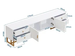 Suporte para TV branco - Suporte para TV para sala de estar com 2 portas texturadas e 4 gavetas - puxadores e pés dourados