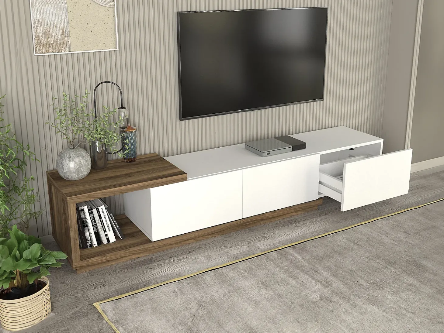 Suporte para TV com 3 gavetas e 1 prateleira - Branco e natural - DUKIAN
