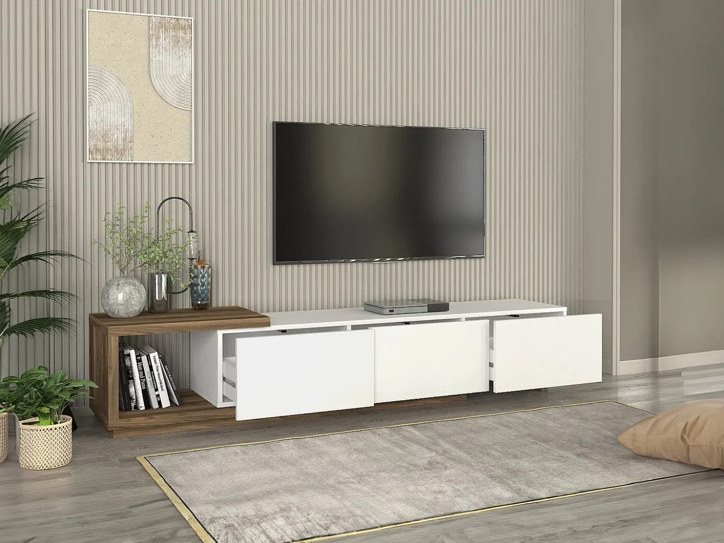Suporte para TV com 3 gavetas e 1 prateleira - Branco e natural - DUKIAN