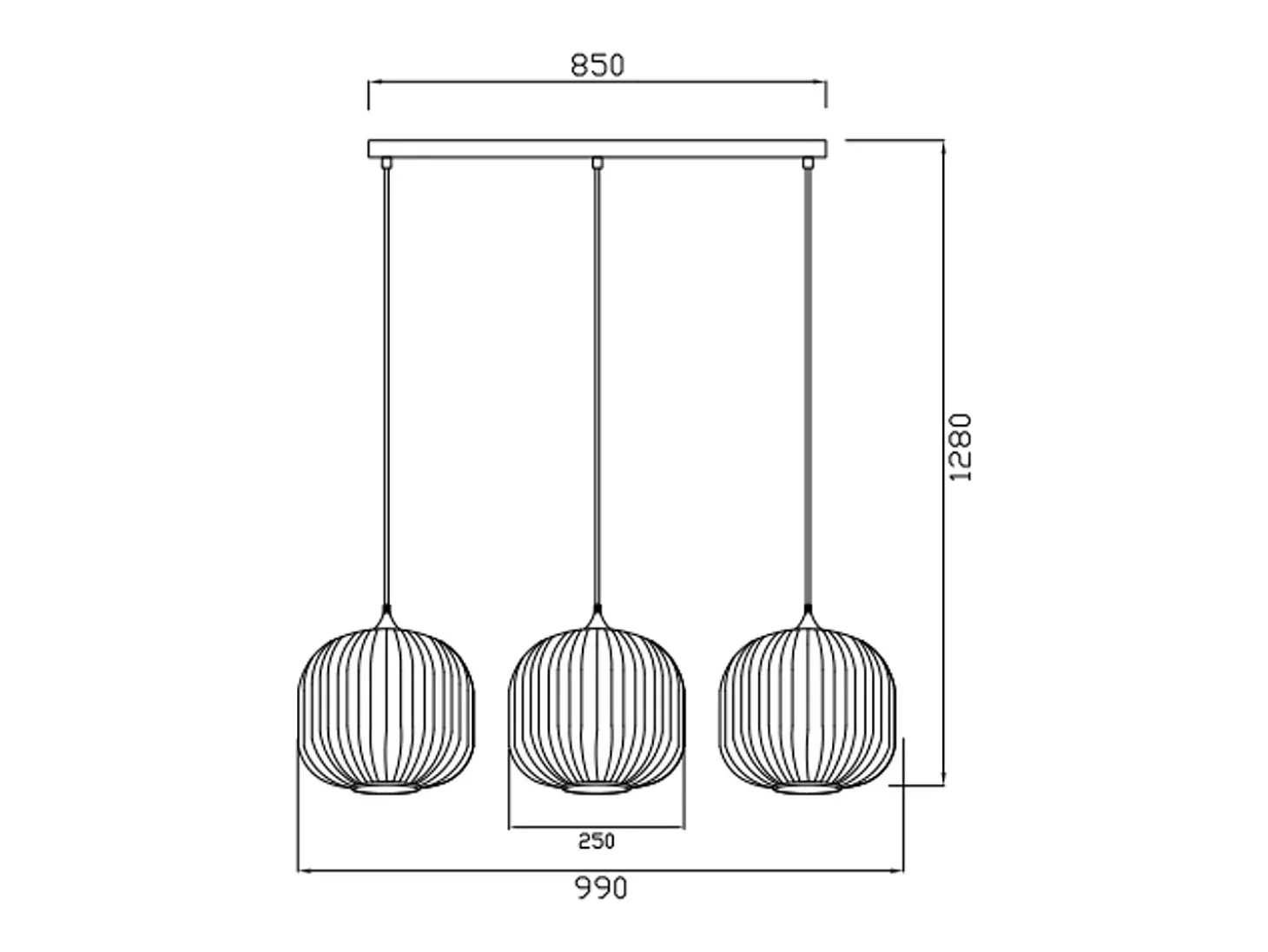 Suspensão em metal e vidro 3 abajures, L. 99 x A. 128 cm, Preto e branco, GLENORA