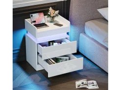 Tabela de cabeceira da mesa da noite LED com 2 gavetas de armazenamento LED multicoloridas, espaço de armazenamento no nível superior, 45x33.5x58cm, branco