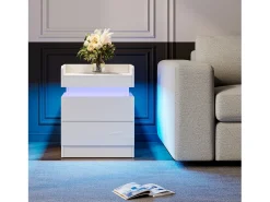 Tabela de cabeceira da mesa da noite LED com 2 gavetas de armazenamento LED multicoloridas, espaço de armazenamento no nível superior, 45x33.5x58cm, branco