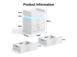 Tabela de cabeceira da mesa da noite LED com 2 gavetas de armazenamento LED multicoloridas, espaço de armazenamento no nível superior, 45x33.5x58cm, branco