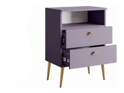Table de Chevet 2 Tiroirs avec Niche - Violette et pieds en métal doré - Collection Aurora