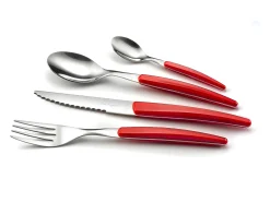 Talheres de 24 peças Lou Laguiole Montana Rouge - Cabo de cristal vermelho, lâmina de aço inoxidável microdentada, design contemporâneo