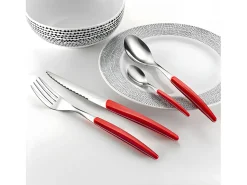 Talheres de 24 peças Lou Laguiole Montana Rouge - Cabo de cristal vermelho, lâmina de aço inoxidável microdentada, design contemporâneo