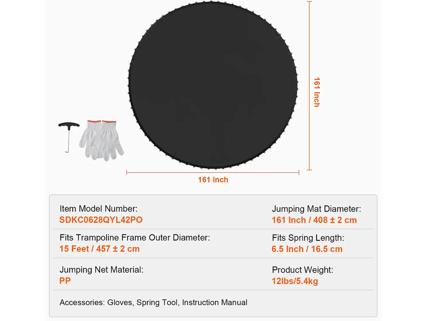 Tapete de Substituição para Trampolim SucceBuy, Quadro de 457 cm, 96 Aneis em V, Mola de 16 cm