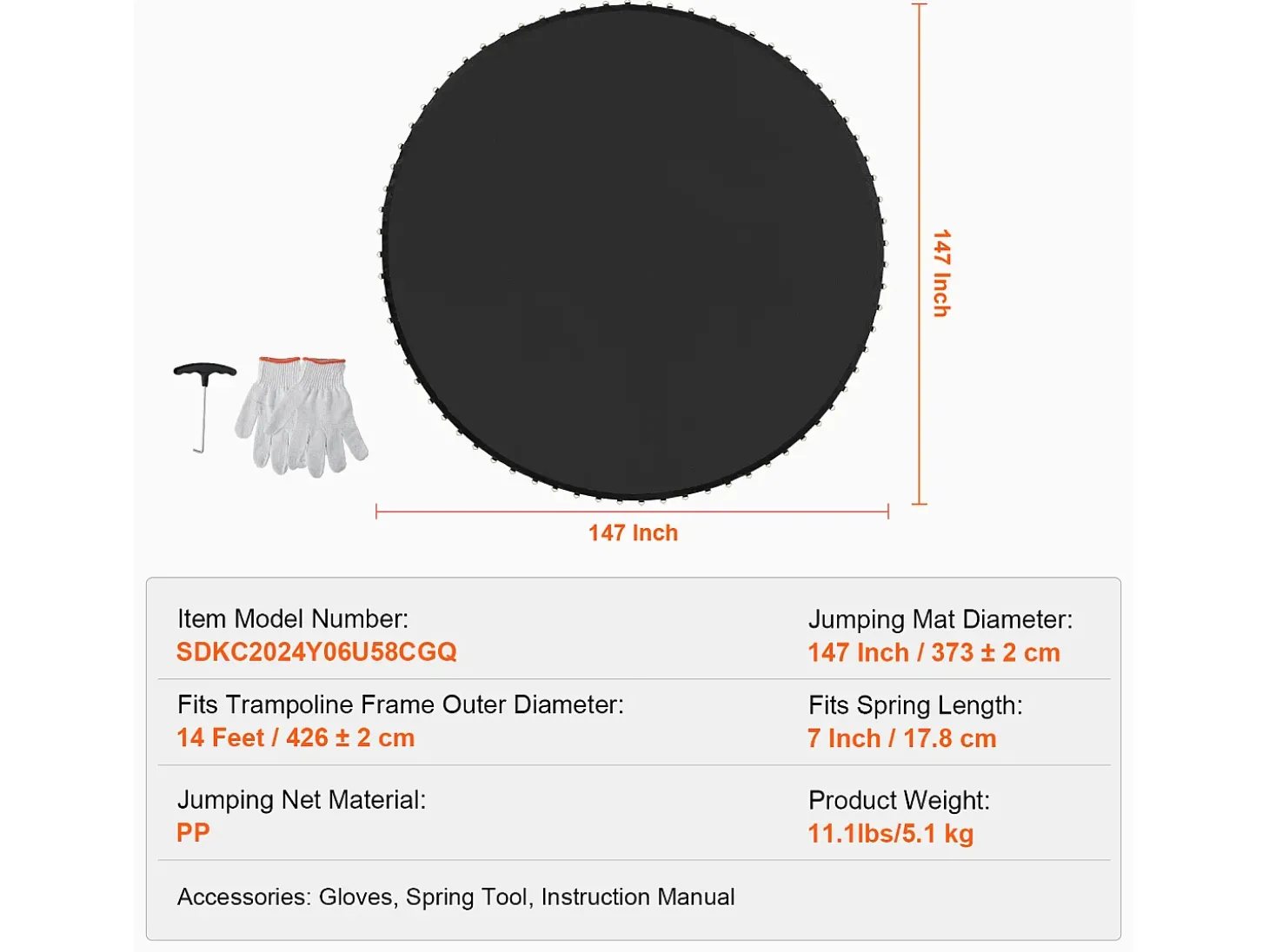 Tapete de Substituição para Trampolim SucceBuy, Quadro de 427 cm, 96 Aneis em V, Mola de 18 cm