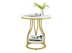 Tábua de apoio redonda em ouro branco com dois níveis, Mesa de cabeceira moderna, Pequena tábua de apoio com prateleira de armazenamento