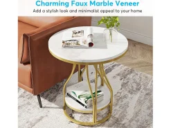 Tábua de apoio redonda em ouro branco com dois níveis, Mesa de cabeceira moderna, Pequena tábua de apoio com prateleira de armazenamento