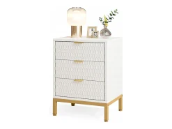 Tábua de cabeceira moderna com 65,5 cm de altura e 3 gavetas, Mesa auxiliar contemporânea com armazenamento para quarto de dormir, sala de estar, branco e dourado