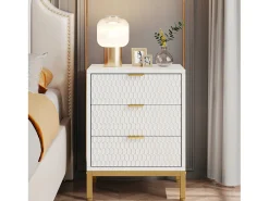 Tábua de cabeceira moderna com 65,5 cm de altura e 3 gavetas, Mesa auxiliar contemporânea com armazenamento para quarto de dormir, sala de estar, branco e dourado