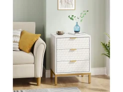 Tábua de cabeceira moderna com 65,5 cm de altura e 3 gavetas, Mesa auxiliar contemporânea com armazenamento para quarto de dormir, sala de estar, branco e dourado
