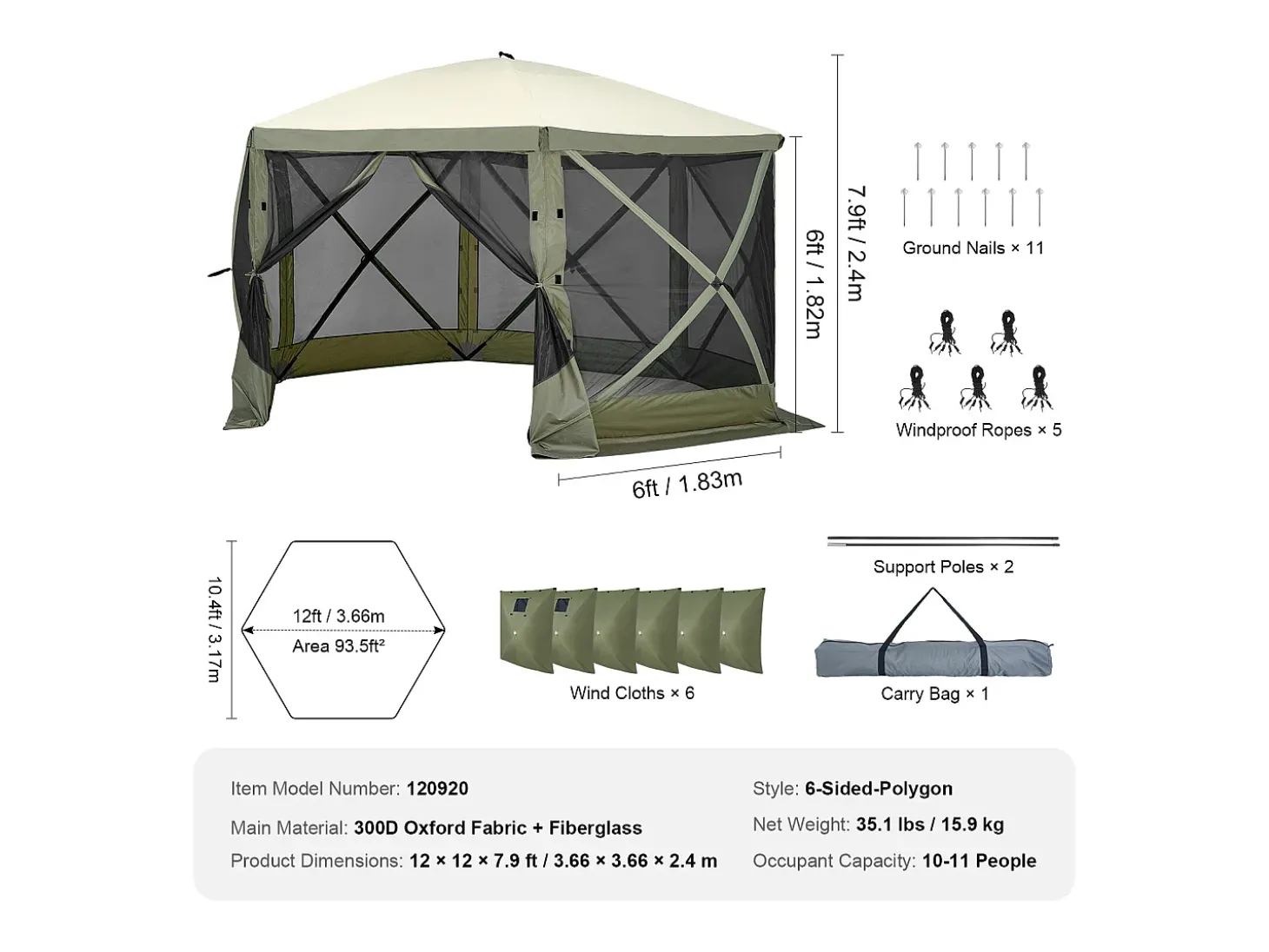 Tenda Gazebo Pop-Up de 6 Lados SucceBuy, Proteção Solar, Verde