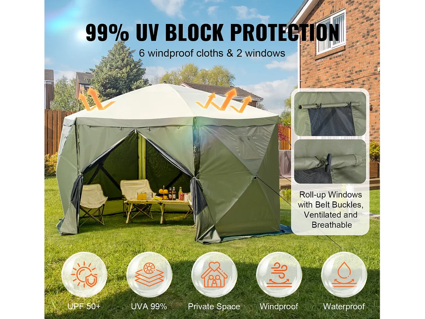 Tenda Gazebo Pop-Up de 6 Lados SucceBuy, Proteção Solar, Verde