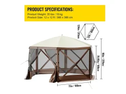 Tenda SucceBuy Gazebo de Campismo Pop-Up 365 Cm x 365 Cm, Abrigo com Cobertura de 6 Lados, Proteção Solar