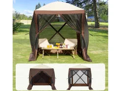 Tenda SucceBuy Tenda Gazebo Pop-Up, Abrigo Solar de 4 Lados com Painéis de Privacidade e Janelas, 1,8 x 1,8 M com Mosquiteiro, Castanho