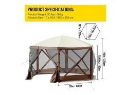 Tenda SucceBuy Tenda de Jardim Gazebo, Abrigo de Campismo Dobrável de 305 x 305 Cm com 6 Lados, Janelas de Rede, Bolsa de Transporte Portátil e Estacas de Chão