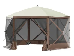Tenda SucceBuy Tenda de Jardim Gazebo, Abrigo de Campismo Dobrável de 305 x 305 Cm com 6 Lados, Janelas de Rede, Bolsa de Transporte Portátil e Estacas de Chão