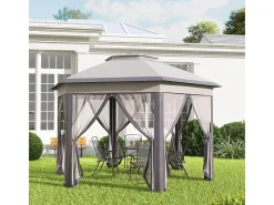Toldo de Jardim Portátil 4x4m - Gazebo pop-up - 2 telhados hexagonais - 6 portas com zíper - Bege