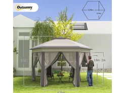 Toldo de Jardim Portátil 4x4m - Gazebo pop-up - 2 telhados hexagonais - 6 portas com zíper - Bege