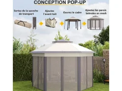 Toldo de Jardim Portátil 4x4m - Gazebo pop-up - 2 telhados hexagonais - 6 portas com zíper - Bege