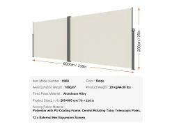 Toldo Lateral Retratil SucceBuy, 200 x 600 cm, veda de Separação para Pátio, Quintal, Varanda