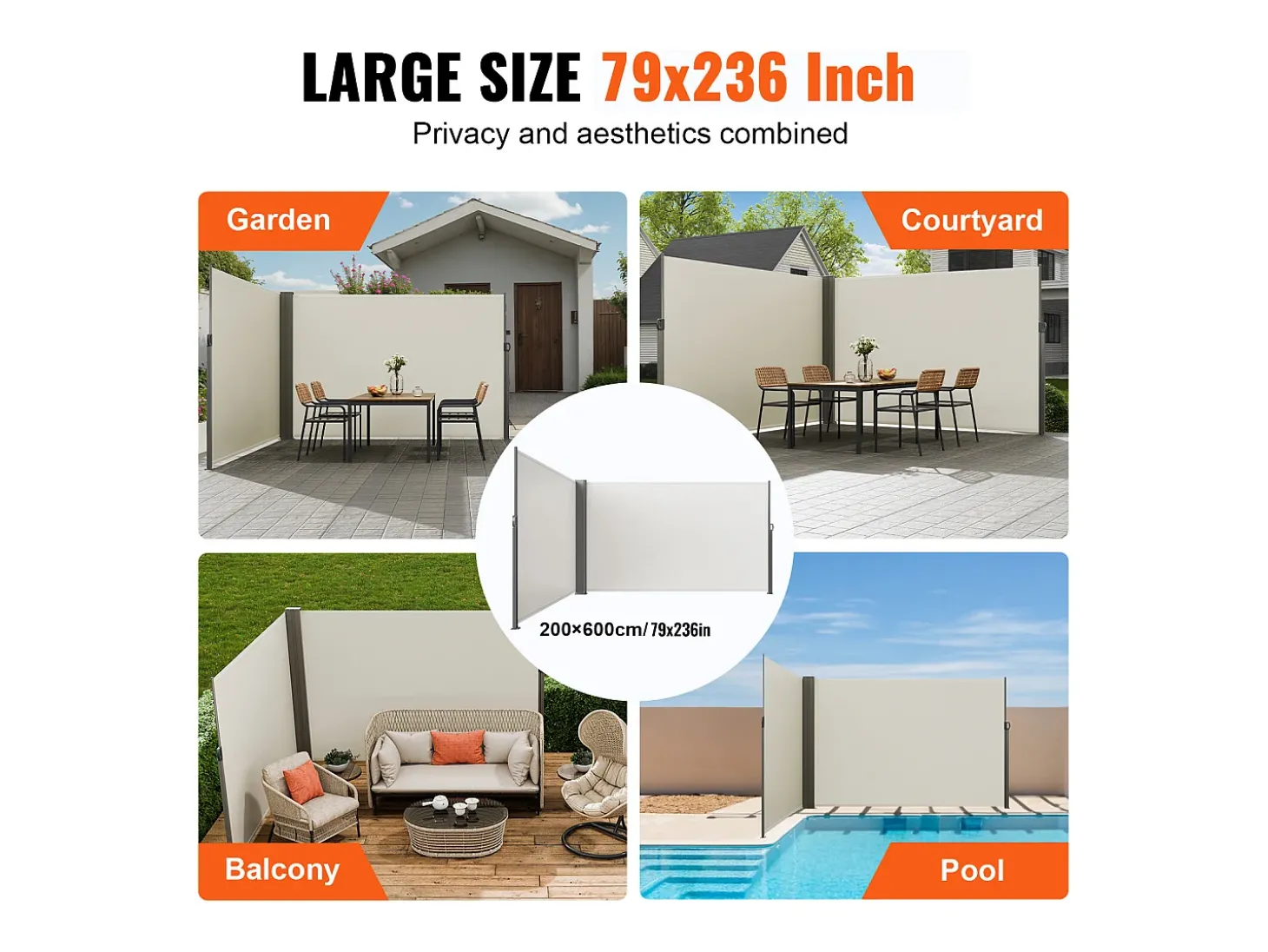 Toldo Lateral Retratil SucceBuy, 200 x 600 cm, veda de Separação para Pátio, Quintal, Varanda