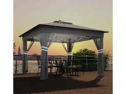 Toldo Portátil 3x3m, Pop-up, com LED solar, 4 cortinas, telhado duplo, altura ajustável, bolsa de transporte com rodas