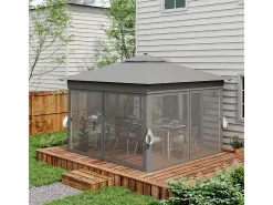 Toldo Portátil 3x3m, Pop-up, com LED solar, 4 cortinas, telhado duplo, altura ajustável, bolsa de transporte com rodas