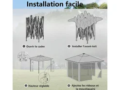 Toldo Portátil 3x3m, Pop-up, com LED solar, 4 cortinas, telhado duplo, altura ajustável, bolsa de transporte com rodas